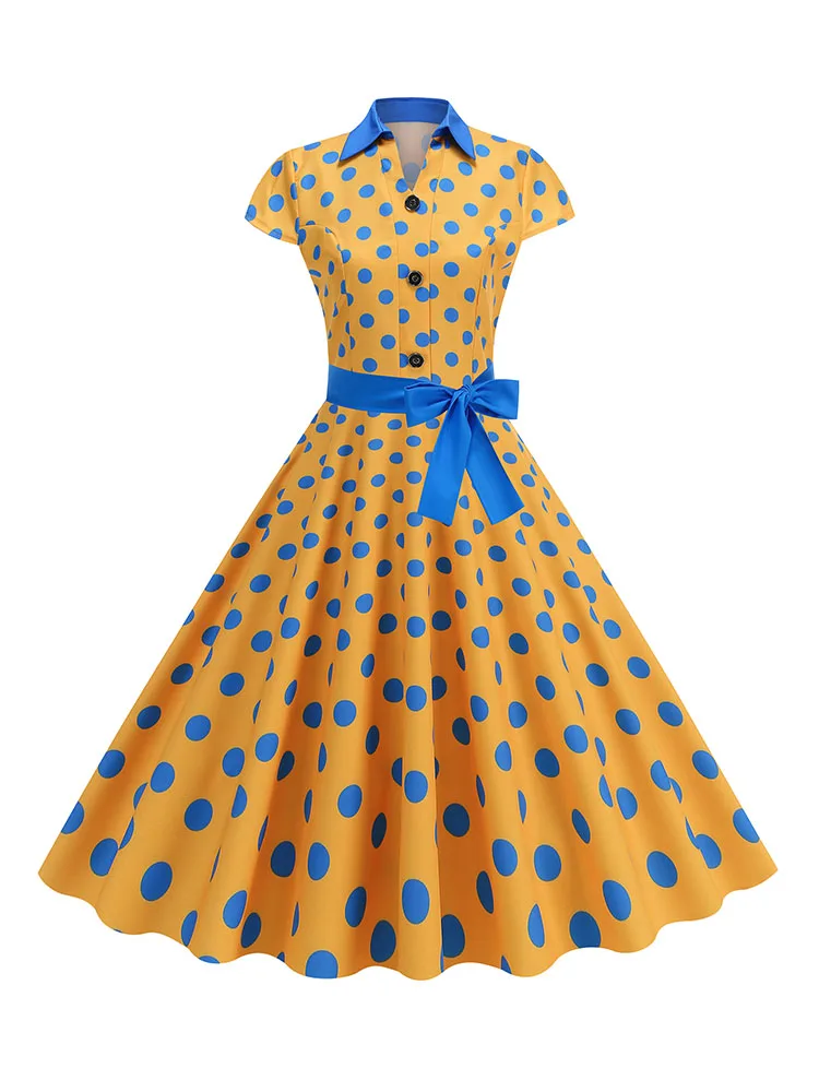 Elegantes Vintage-Sommerkleid für Damen, gepunkteter Druck, Umlegekragen, Party-Sommerkleid mit Gürtel