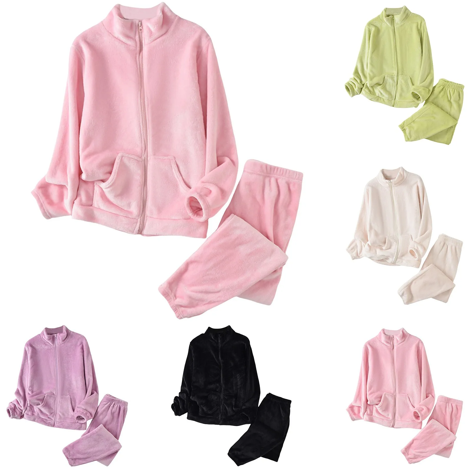 

Soft Comfortable Flannel Pajamas For Women Thickened And Warm Coral Velvet Home Clothes Solid Color Zipper Cardigan Sleepwear