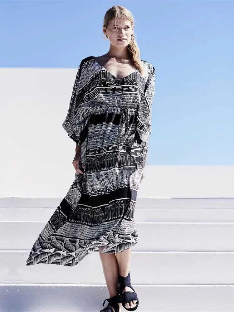 

Черное платье-кафтан, новинка 2024, летняя женская пляжная одежда, повседневные платья-Макси свободного кроя с рукавами «летучая мышь» и поясом на резинке Q1242