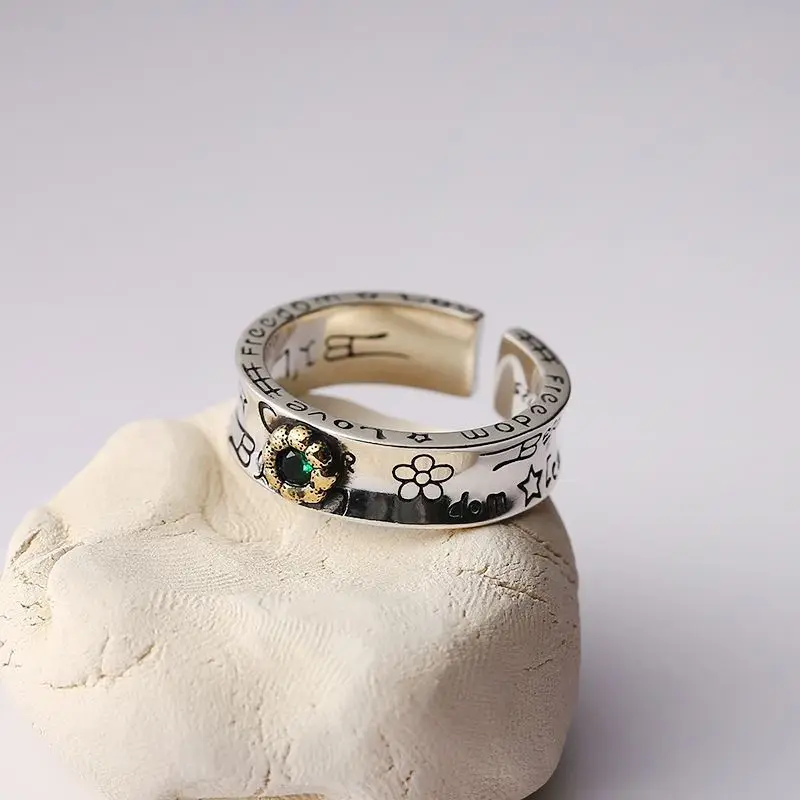 Ringe aus 925er-Sterlingsilber, Graffiti, grüner Zirkon, für Damen, Paare, Hochzeit, Vintage-Luxus-Schmuck, Accessoires, Großhandel mit Schmuck