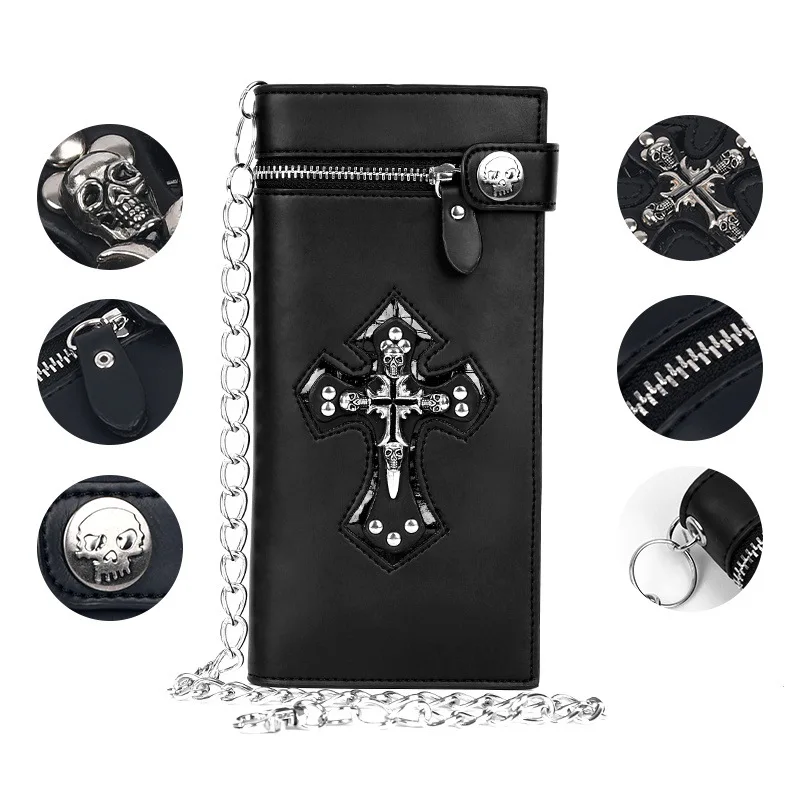 New Fashion Skull Men's Wallet Retro Cross Anti Theft Chain Rivet Wallet Large Capacity Genuine Leather Zero Wallet