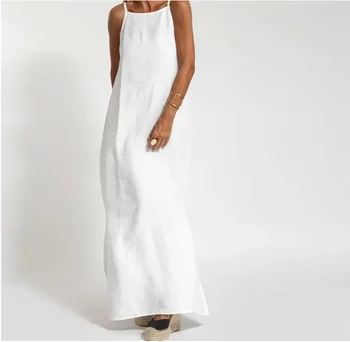 Women Cotton linen Side Split Long Slip Dress Summer Lady Strapless Solid Color Holiday Party Dresses 1