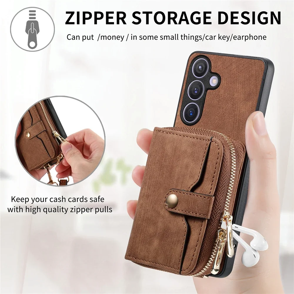 Leather Phone Cover with Zipper Wallet and Lanyard Stand Feature