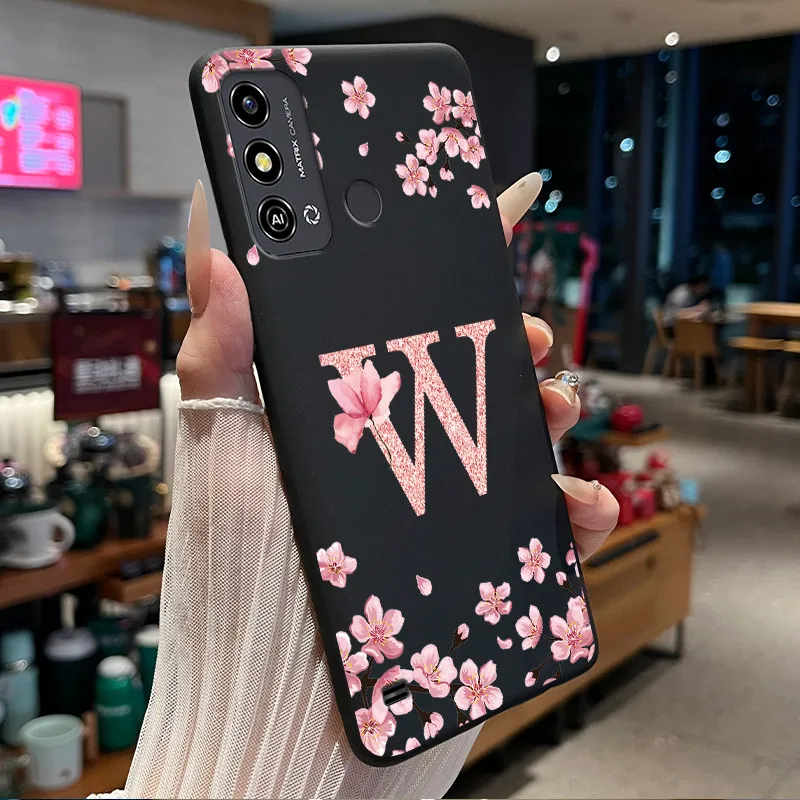 Floral Initials Black Silicone Phone Case - Soft Protective Back Cover