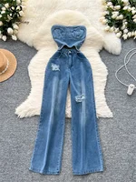 SINGREINY Women Strapless Denim Jumpsuits Hollow Out Design Pleated Slim High Quality Streetwear Fashion Casual Long Playsuits