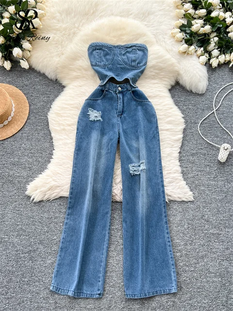 SINGREINY Women Strapless Denim Jumpsuits Hollow Out Design Pleated Slim High Quality Streetwear Fashion Casual Long Playsuits