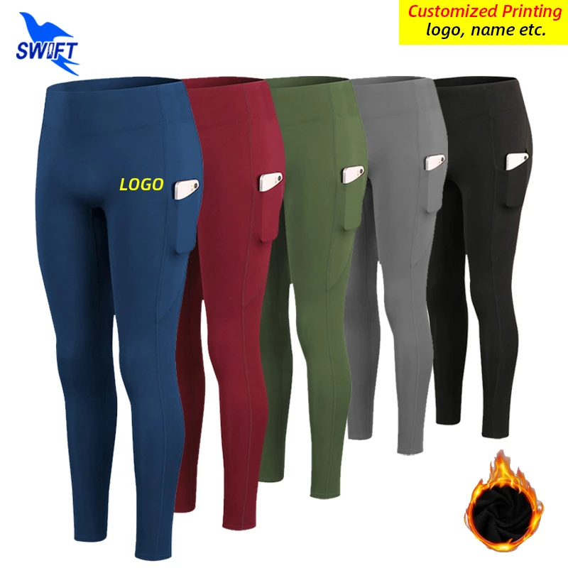 Women Fleece Leggings High Waist Running Pants Pocket Stretch Gym Fitness Bottoms Quick Dry Yoga Tights Customize
