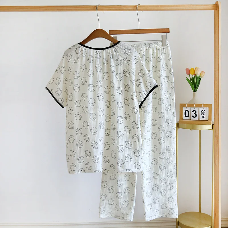 2023 Japanese New Spring/Summer Women's Pajama Set Cotton Crepe Short Sleeve+Pants Two Piece Cute Cartoon Home Furnishings