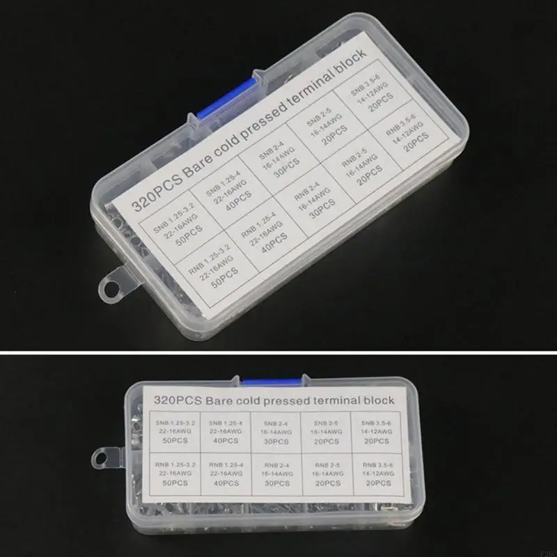 F26C 320 Pcs Tin-Plated-Copper Wire Crimp Fork End Cable Lugs Crimp Connector Non-Insulated Ring Terminal & Fork Connector