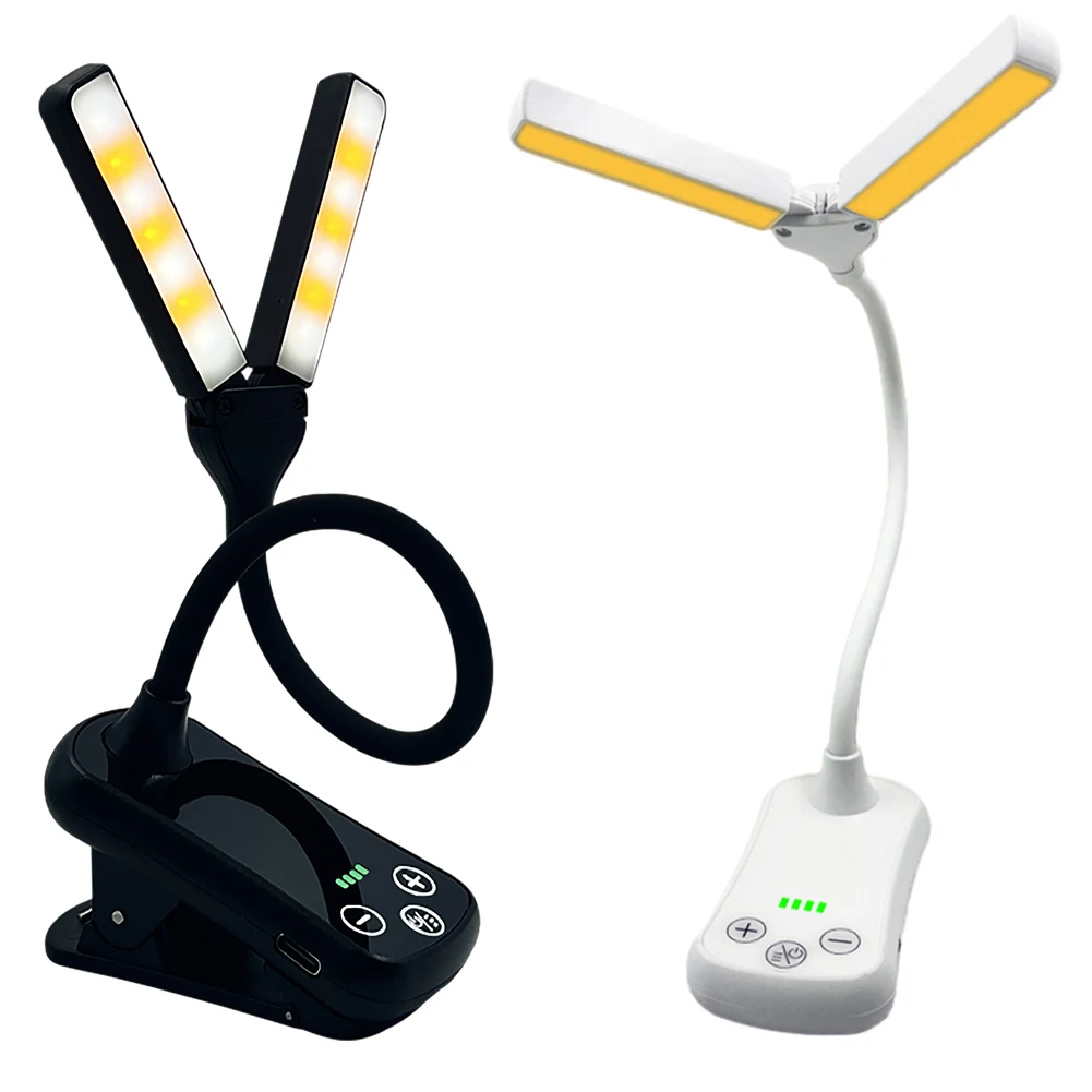 Dual-Head Book Lamp Three-Button Touch Reading Light Rechargeable Adjust Brightness 14 LED for Travel Bedroom Reading