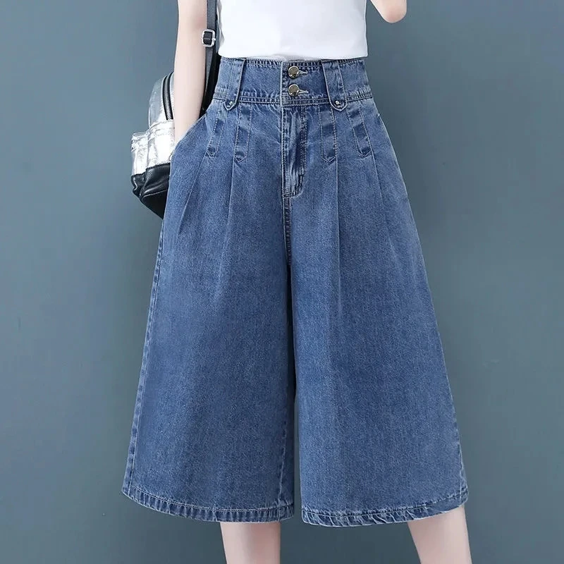 

Summer Denim Shorts For Women High Waisted Knee Length Wide Leg Pants Loose Casual Straight Jeans Streetwear Pockets Button Fly