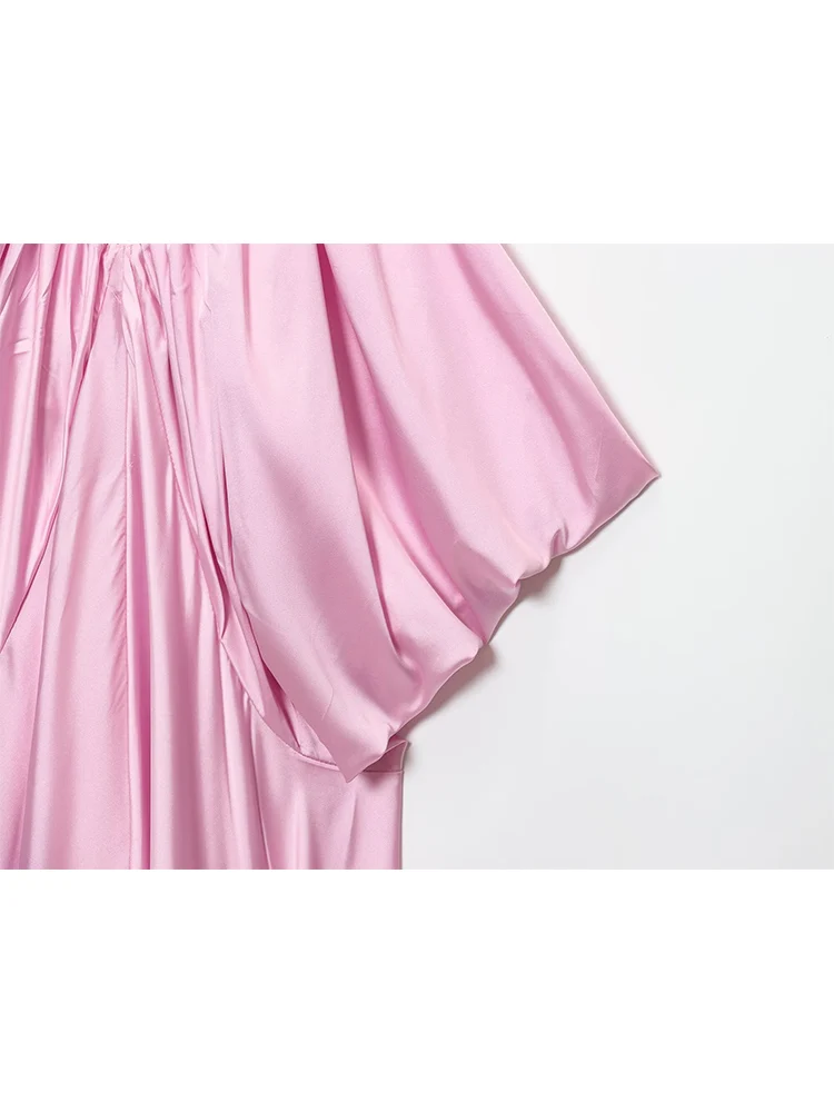 TFMLN New 2025 Women's Pink Pleated Sling Dress Loose V-neck Sleeveless Backless Evening Dresses Summer Sexy Club Party Robe