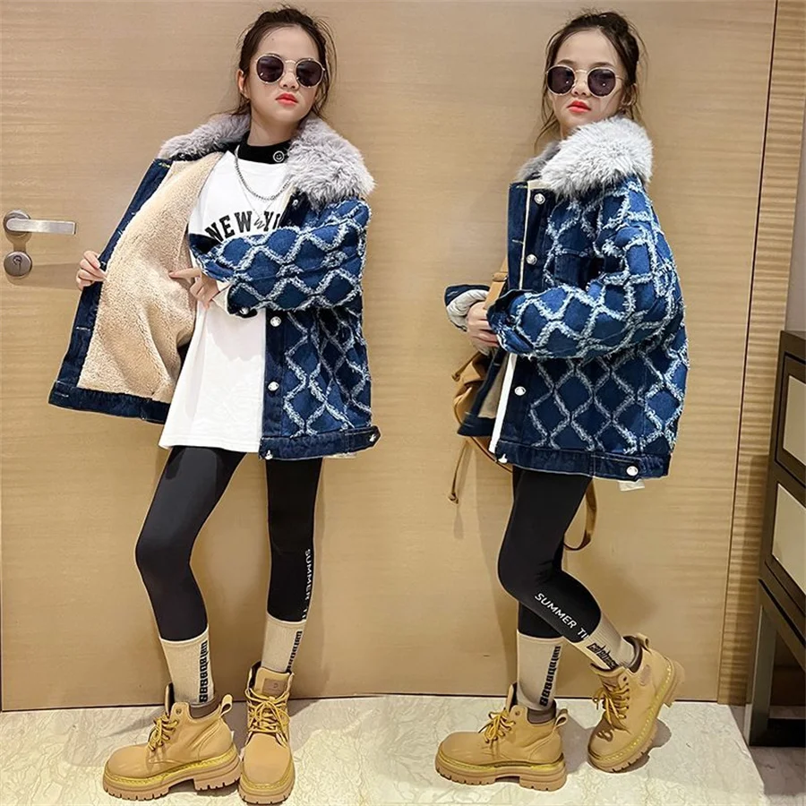 

5-14 Years Winter Girls Coat plaid Keep Warm Jacket For Girls Parka Snowsuit Fashion Hooded Teenagers Children Outerwear