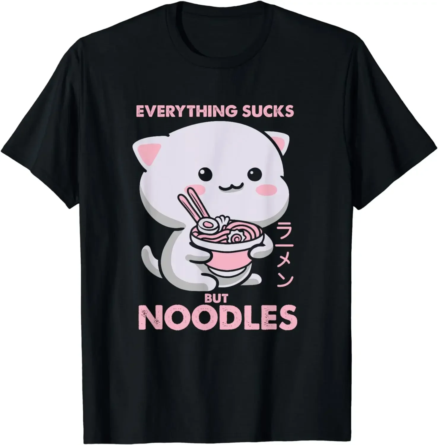 

Тяжелая футболка с рамен Pastel Goth Kawaii Cat ест рамен лапша Otaku Футболка женская одежда Kawaii одежда Camisetas