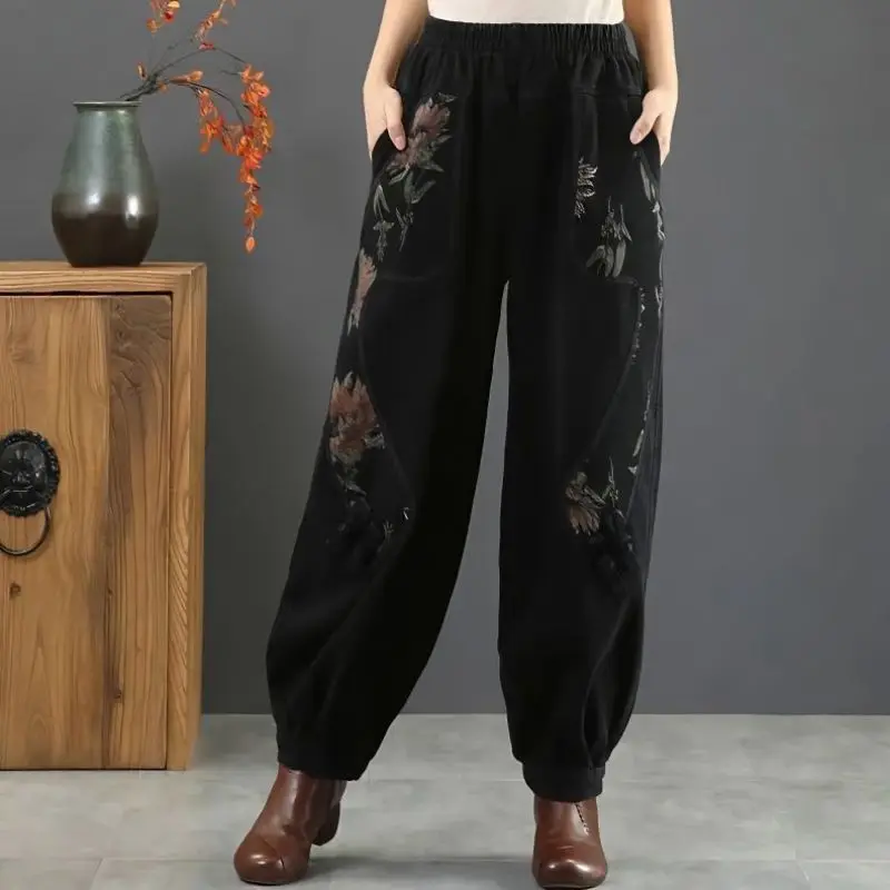 2023 New Spring and Autumn Fashion Retro Ethnic Style Printing Elastic Waist Loose Relaxed Slim Oversize Lantern Pants for Women