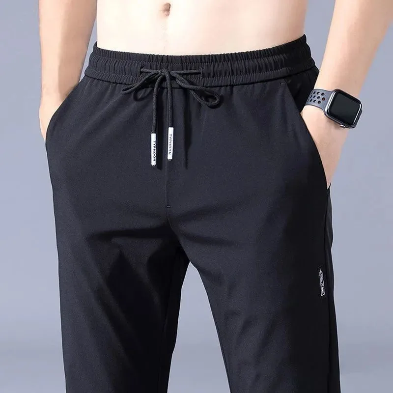 Ice Silk Men's Pants 2023 Summer New Black Gray Thin Business Casual Pants Outdoor Elastic Breathable Straight Leg Sweatpants 2