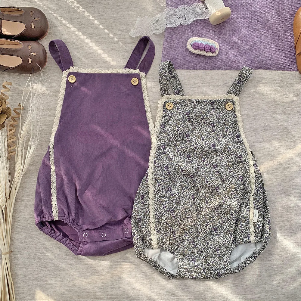 

Causal Autumn Winter Baby Girls Overalls Purple Floral Print Sleeveless Pants White Lacy Border Jumpsuits Bodysuits