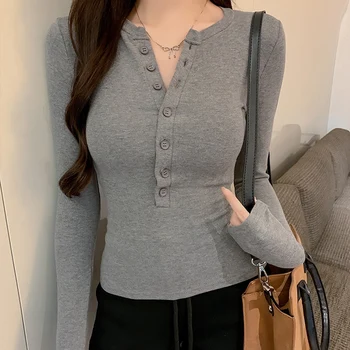 Spring Women's Slimming Base Layer Top Long Sleeve T-Shirt Half Open Collar Button Basic Tops Y2K 4