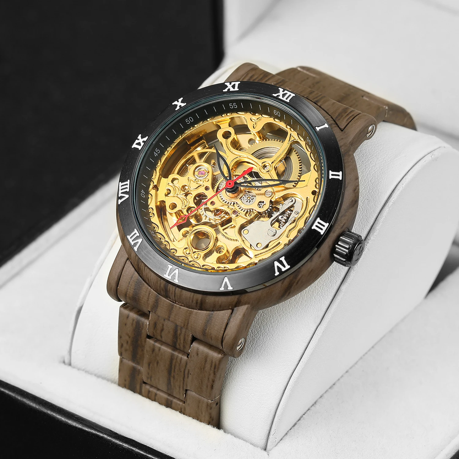 

Forsining Design Skeleton Wristwatches Imitation Wood Grain Stainless Steel Strip Automatic Watches for Men Transparent Watch
