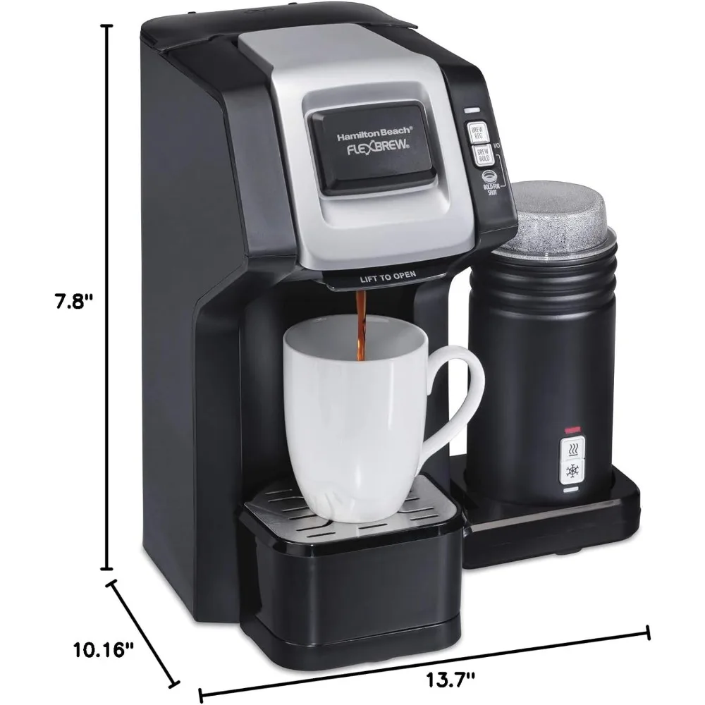 Single-Serve Coffee Maker, with Milk Frother Compatible with K-Cup Pods and Grounds, Black Make Hot or Cold Froth, Household 5