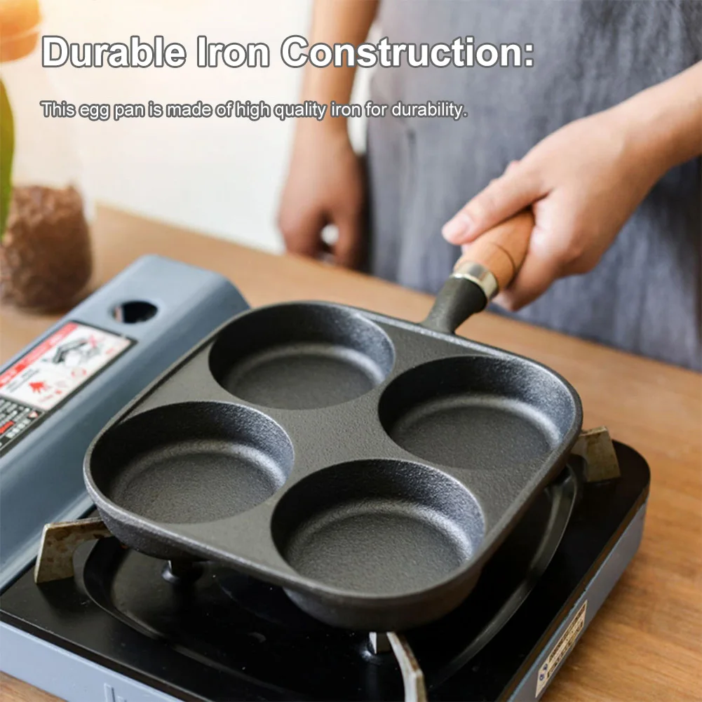 4 Hole Omelet Pan Egg Frying Pan Nonstick Divided Egg Omelet Pan Granite Coating Pancake Pan Wooden Handle for Home Kitchen 5
