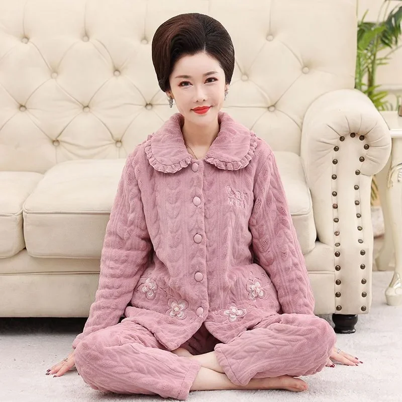 

Pajama Women Autumn Winter Coral Fleece Sleepwer Thickened Middle-aged Elderly Loungewear Large Size Warm Homewear Set 2023 New