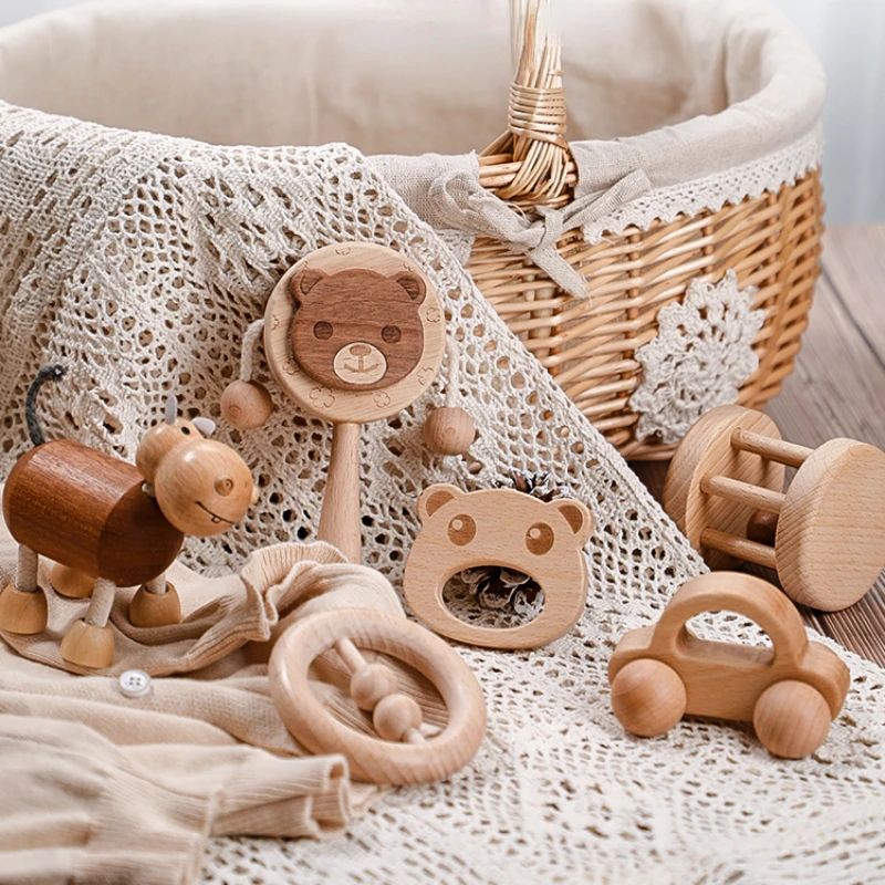 

Newborn Gift Baby's Rattle Puzzle Rattle Drum Biteable Baby Gift Wooden Present Box