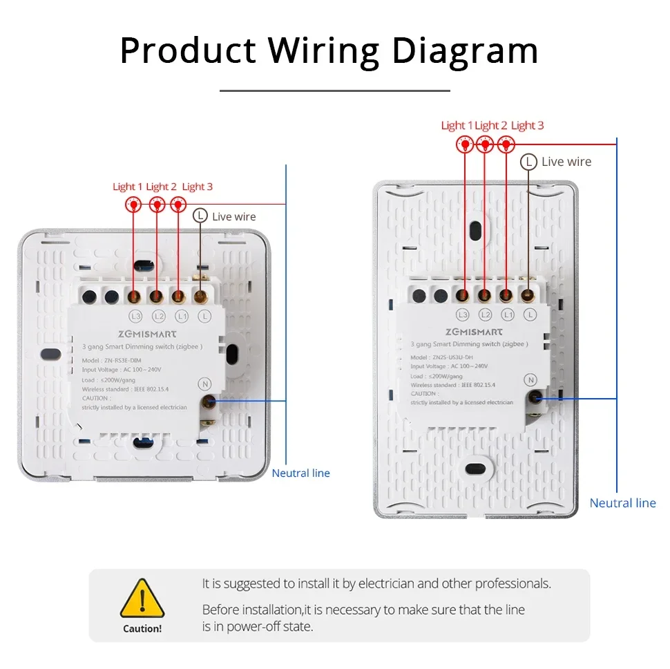 Zigbee Dimmer Switch 3 Gang Wall Light Switch Touch Panel Percentage Adjustment