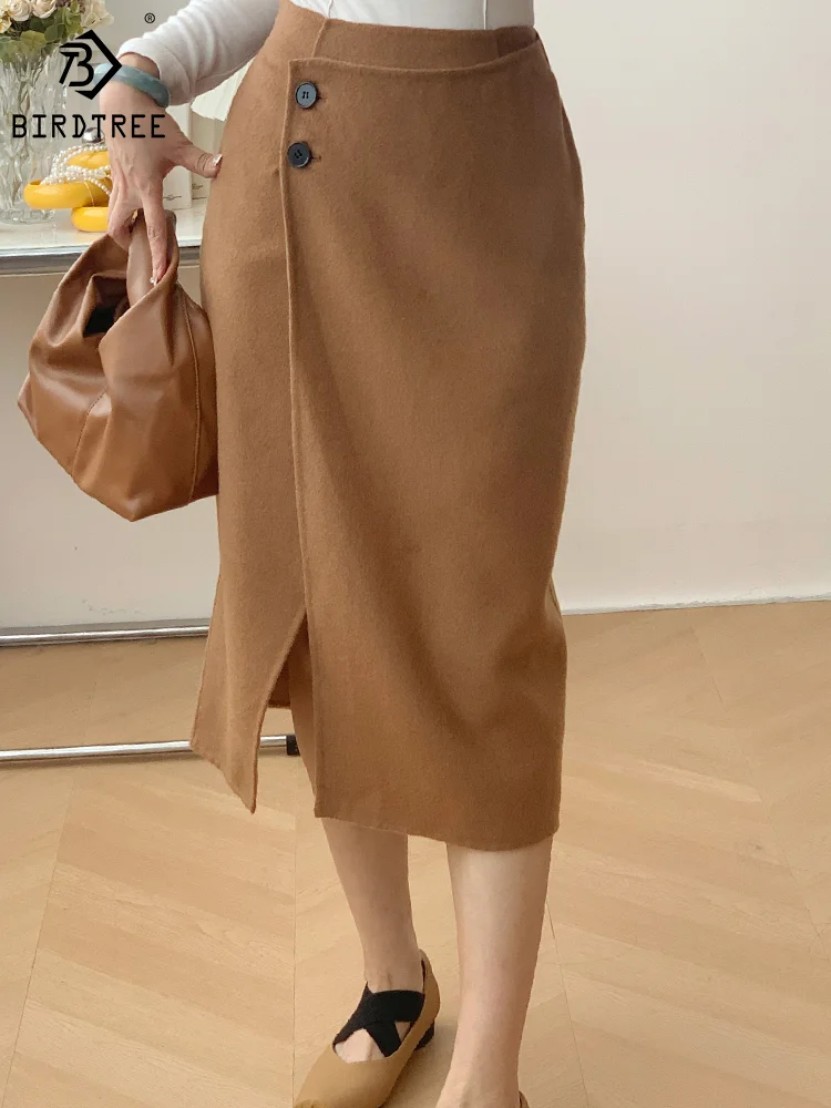 

Birdtree 10% Silk 90% Wool Chic Elegant Skirts High Waist Slim Hip Wrap Straight Basics Half Skirt Autumn Winter New B30313QM