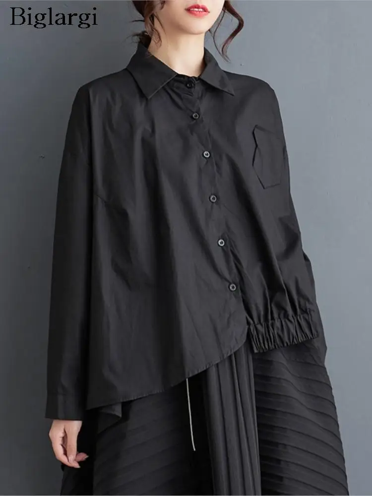 

Женская рубашка большого размера, осенняя, новая, асимметричная, модная, плиссированная, свободная, женская блузка, повседневная, с длинным рукавом, женская рубашка, топ 2023