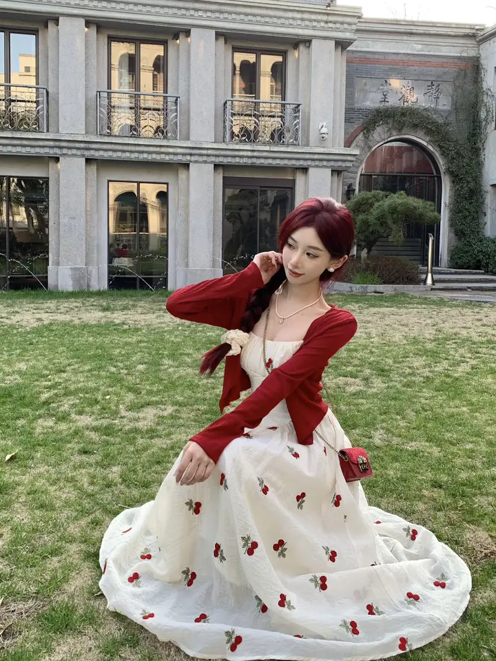 Vacation style cherry floral camisole dress, summer red thin sun