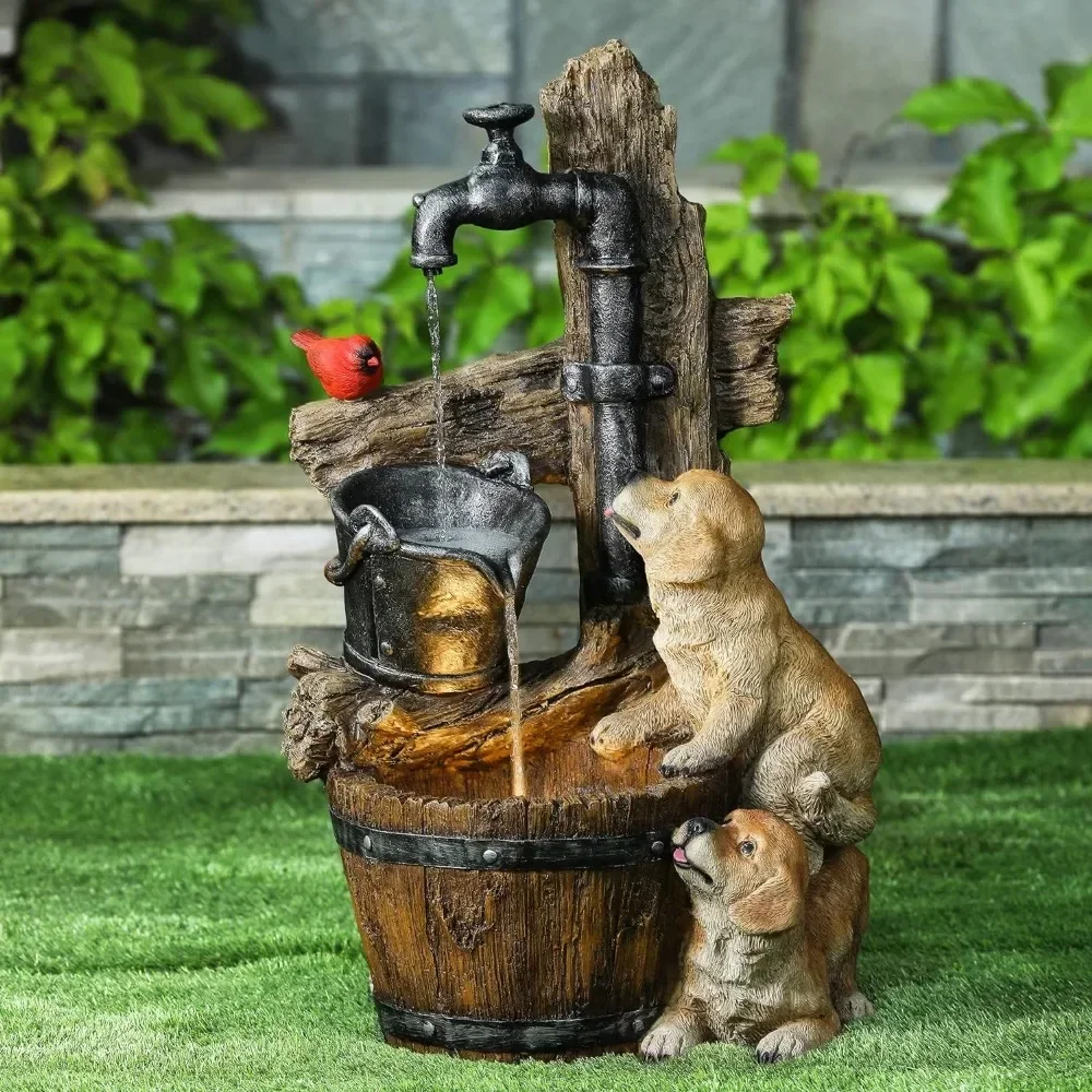 

Water Fountain Outdoor, 3 Tiered Puppies and Water Pump Resin Outdoor Fountains and Waterfalls, Water Fountains with LED Light
