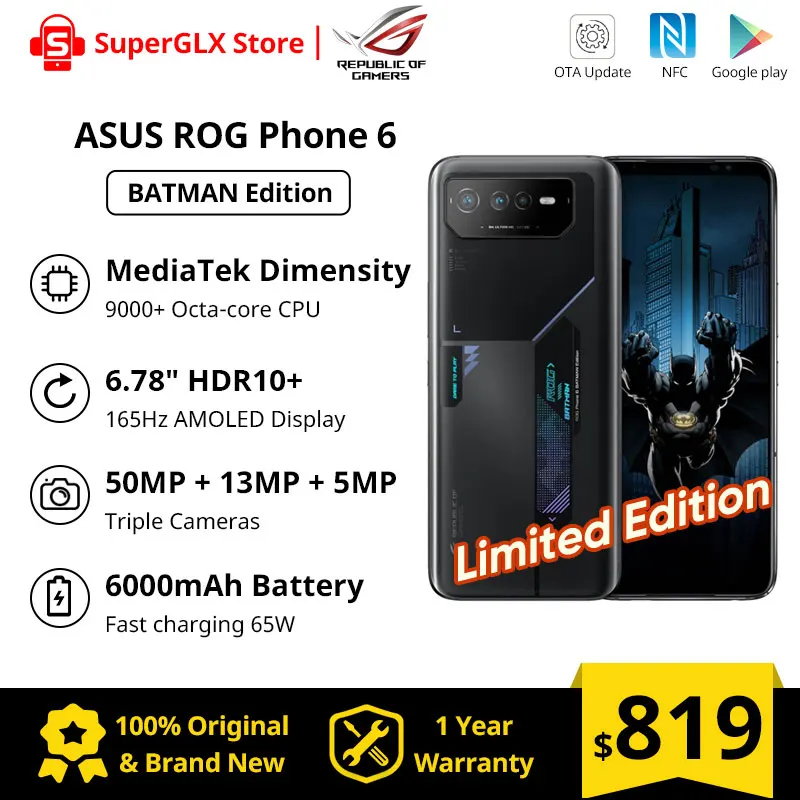 

2022 New Asus ROG Phone 6 Batman Edition 5G Gaming Smartphone MediaTek Dimensity 9000+ 165Hz AMOLED Screen Android 12 ROG6 Phone