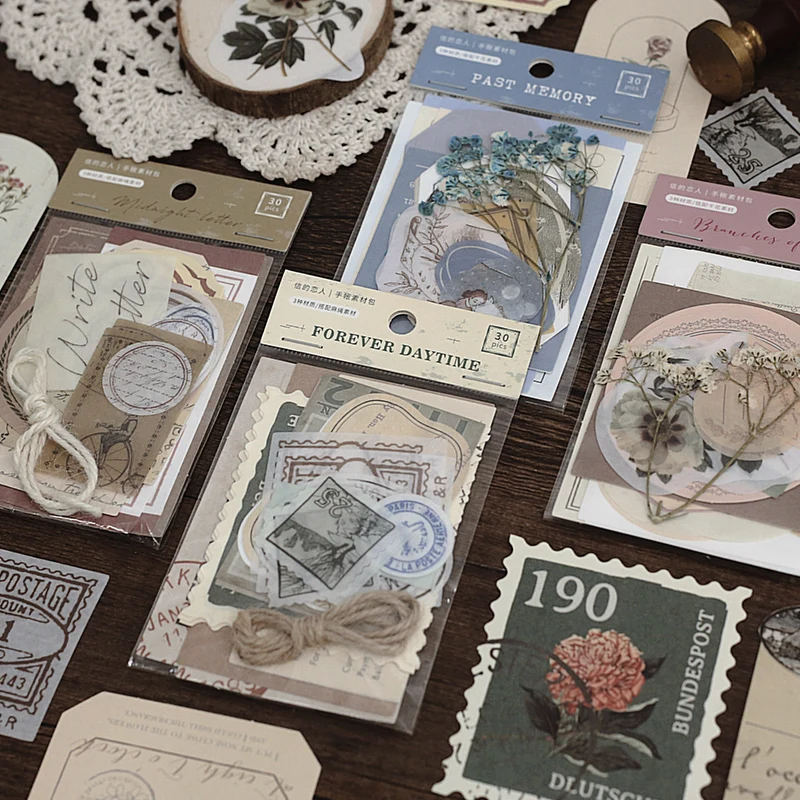 30 pcs/set Vintage Stickers Nostalgia Themes Washi Stickers Paper Flowers Retro Label Decals For Scrapbooking Diary