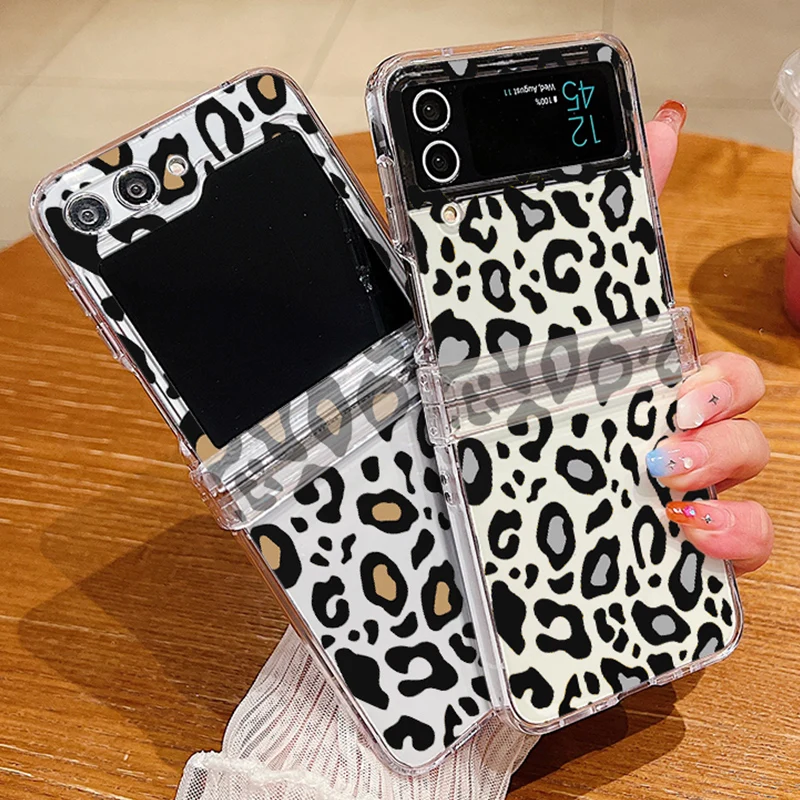 레오파드 무늬 투명 케이스, 하드 클리어 접이식 휴대폰 커버, 삼성 갤럭시 Z 플립 5 4 3 5G 용 