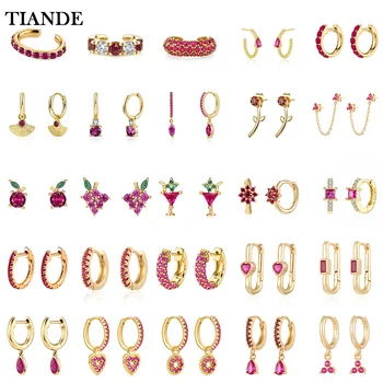 TIANDE Gold Color Huggies Hoop Earrings For Women Red Zircon Ear Cuffs Drop Dangle Earrings Set 2023 Fashion Jewelry Wholesale