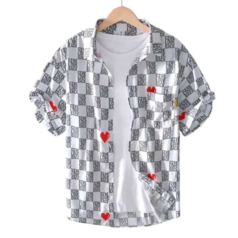 Elegant Fashion Harajuku Slim Fit Male Clothes Loose Casual Sport All Match Shirt Printed Patchwork Button Short Sleeve Blusa