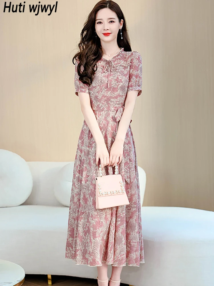 

2023 Print Chiffon Short Sleeve Wedding Midi Dress Women Luxury Chic Prom Night Dress Summer Elegant Bodycon Party Maxi Vestidos