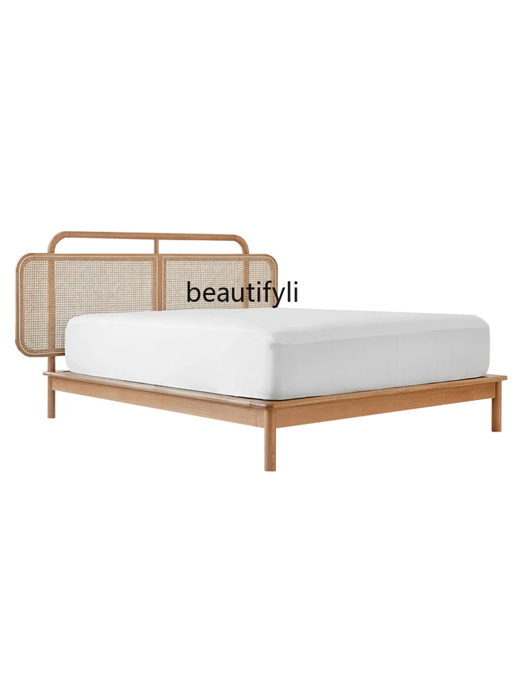 

Nordic Instagram Style Solid Wood Bed Japanese-Style Modern Light Luxury 1.5 Rattan Bed Home 1.8 M Double Bed Furniture