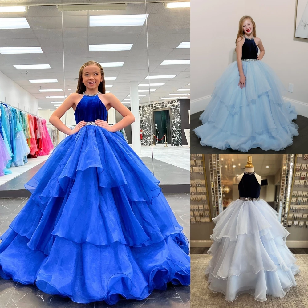 

Kids Halter Ballgown Pageant Dress 2023 with Velvet Bodice Ruffles Tier Handkerchief Organza Flower Girls Gown Floor Navy Royal