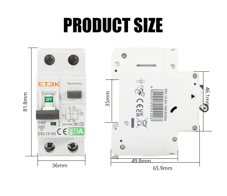 ETEK FI-Schutzschalter/Leitungsschutzschalter Typ A Curver C 30mA 40A 1P N mit Überstrom-Leckageschutz 6KA RCD EKL13 – Detail 8