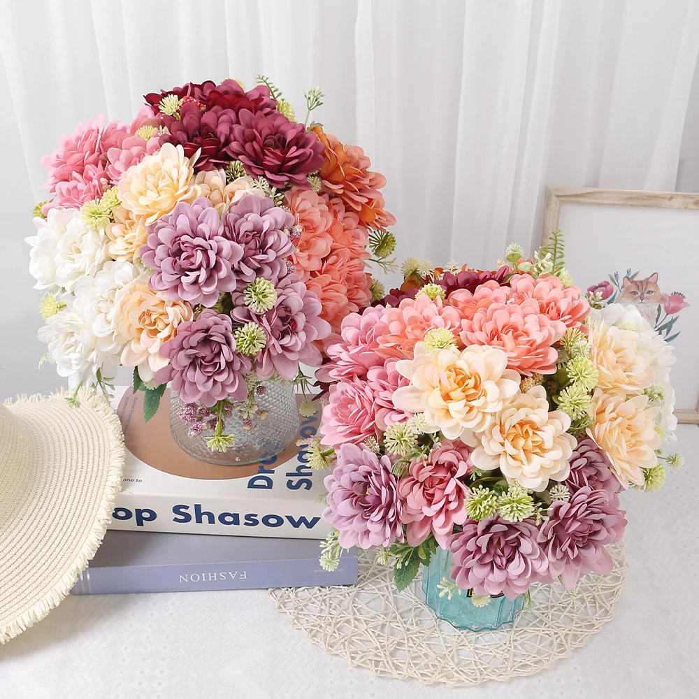 1 Stück künstliche Dahlie Blumen Bouquet Seide Kunstblumen für zu Hause Hoom Dekor Garten Hochzeit Dekoration Bräute Bouquet Zubehör – Detail 8