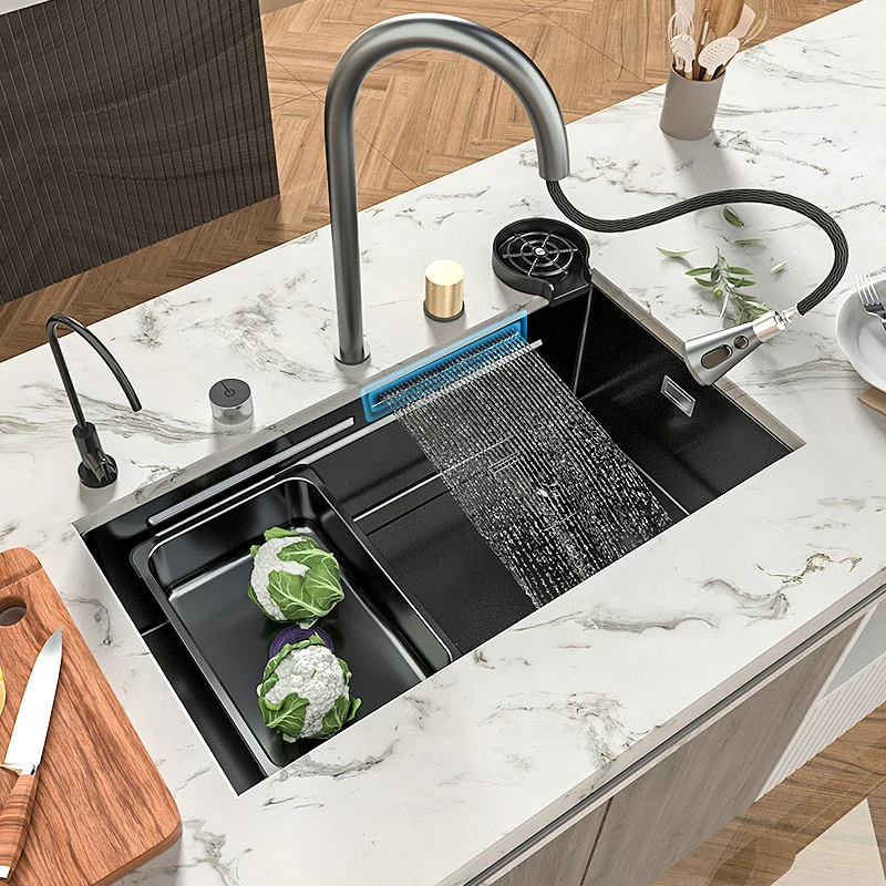 

Kitchen Sink Waterfall Faucet Stainless Steel Sink Large Single Bowl Dishwasher Black Wash Basin Sink Multi Function Sink