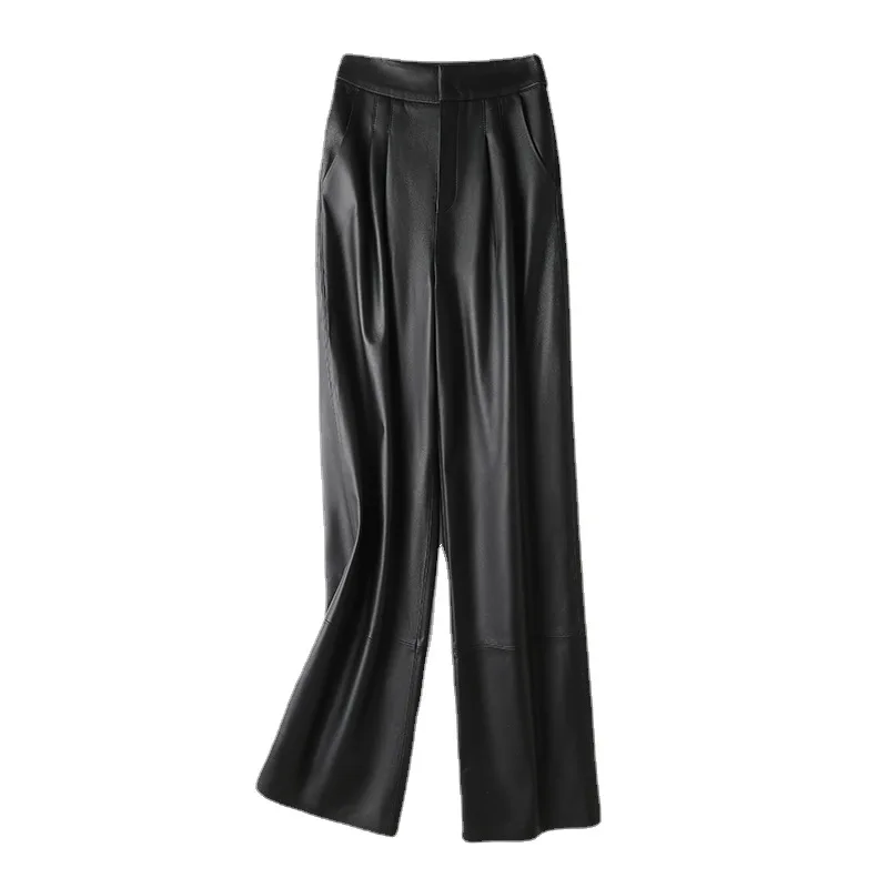 Women's Leather Pants High Waist Sheepskin Slimming Straight Pants Real Leather Original Genuine Temperament Wide Legs leather pants skinny pants
