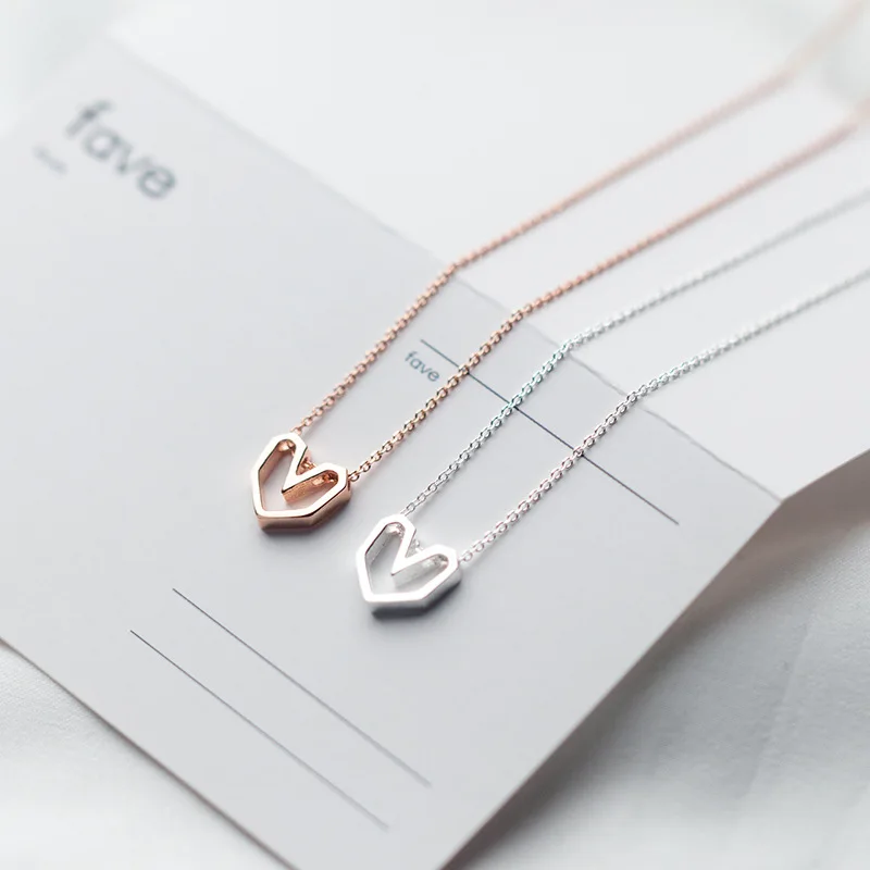S925 Sterling Silver Simple Design Geometric Edge Love Pendant Clavicle Necklace for Women Fine Jewelry