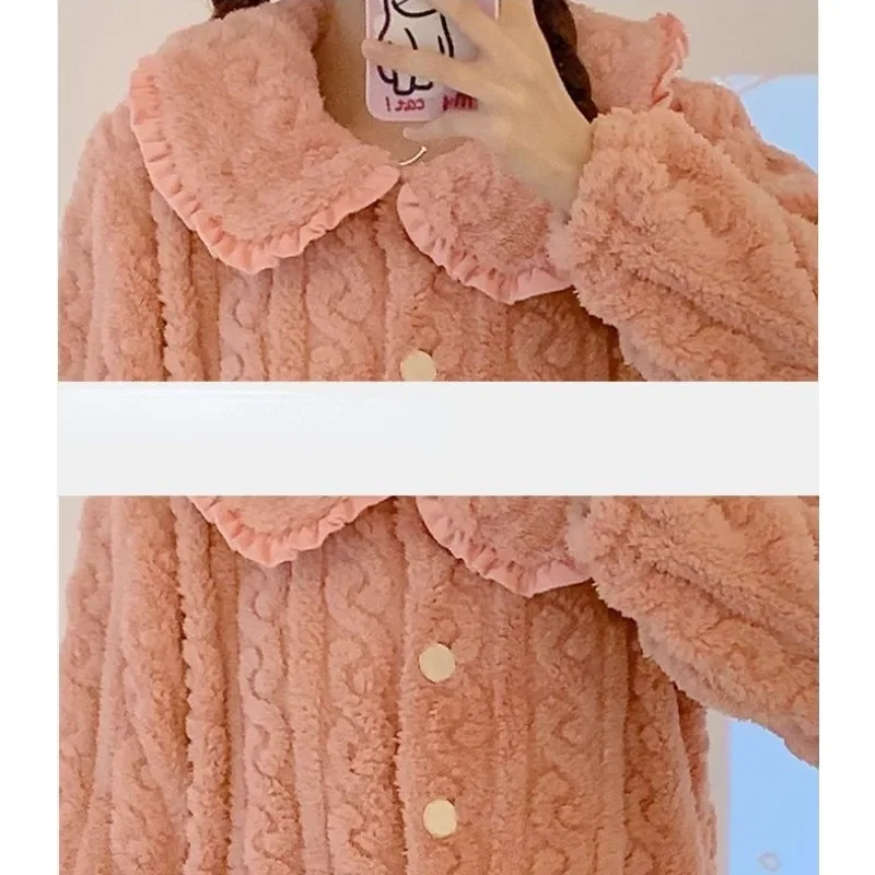 2023 New Coral Velvet Pajamas Women Autumn Winter Add Fleece Jacquard Sleepwear Plush Warm Loungewear Thicken Loose Homewear