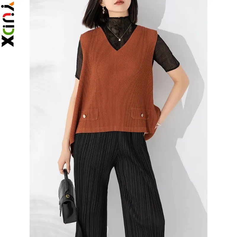 

YUDX Miyake 2024 Spring and Autumn New Fashion Waistcoat Cover Foreign Style V-neck Irregular Swing Outside The Top