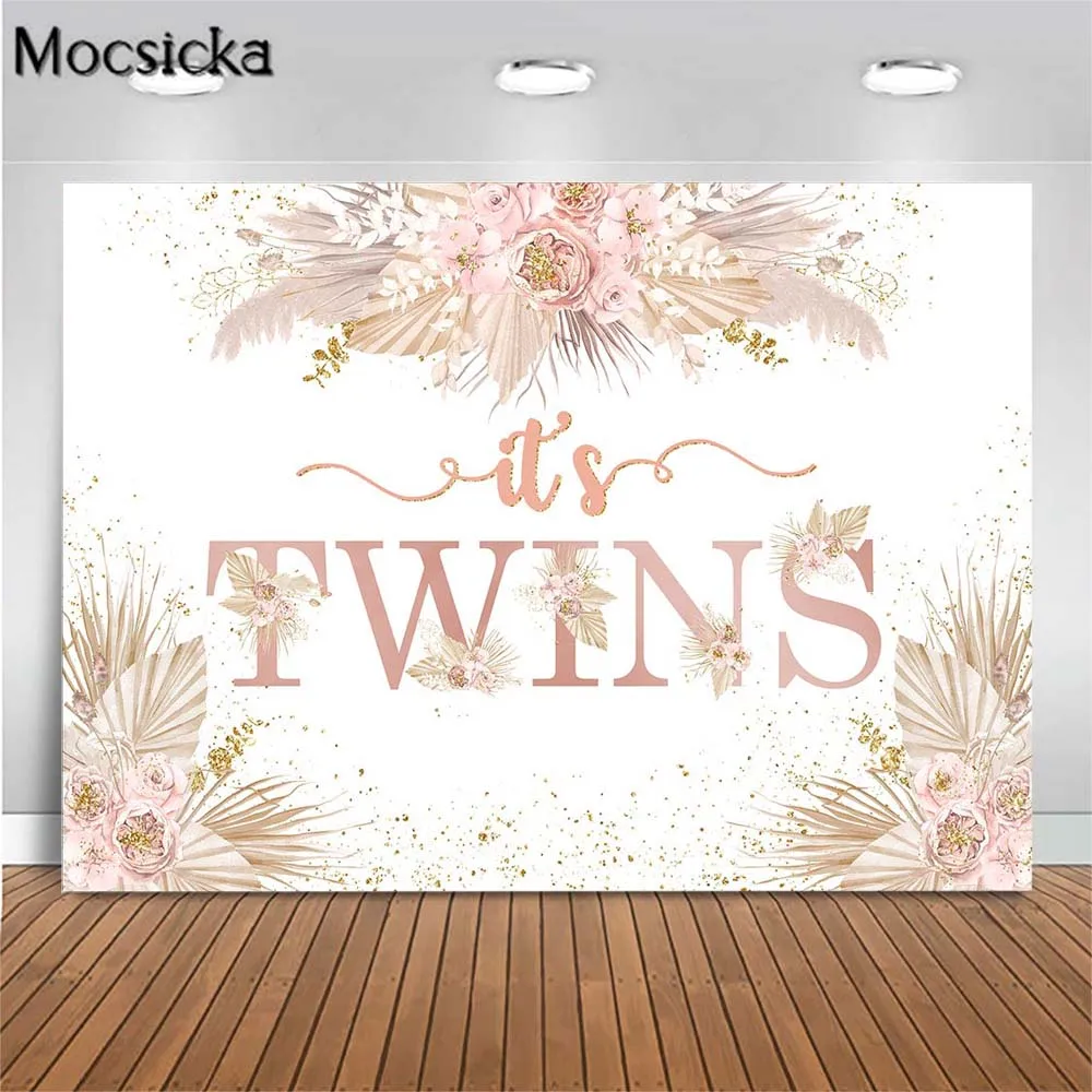 

Mocsicka It's Twins Bohemian Baby Shower Backdrop Girl Birthday Pink Boho Flowers Pampas Grass Photography Background Photoshoot