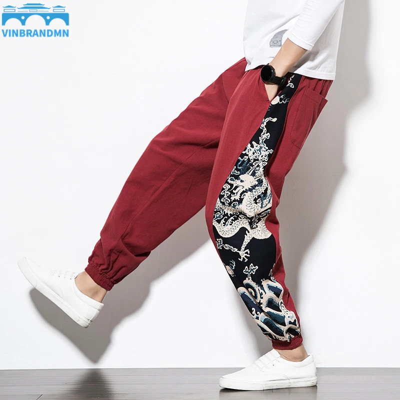 

Fashion Japanese Kimono Print Pants Asian Costume Casual Long Pants Kimono Yukata Men's Harem Pants Trousers Side Print