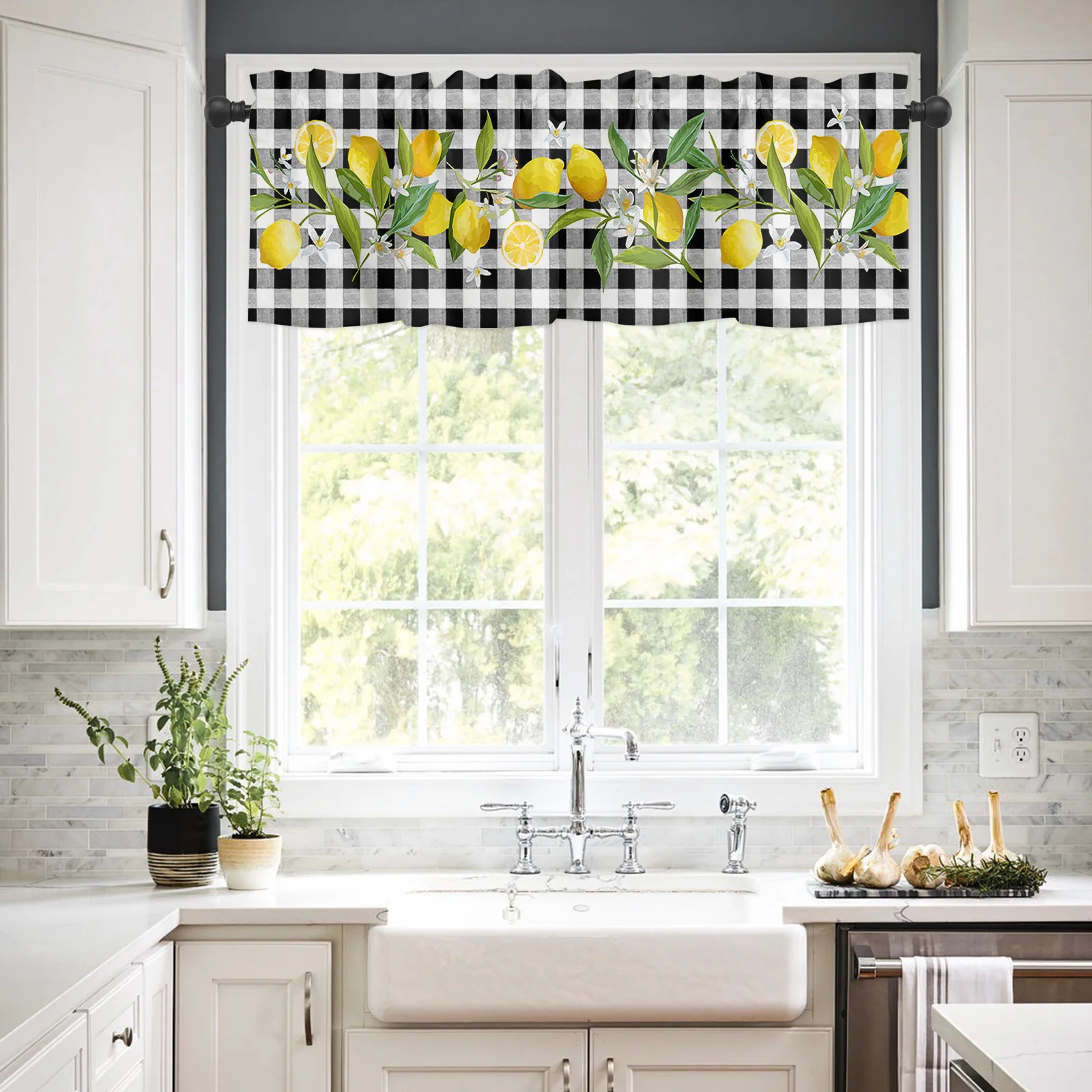 ZEDLIYU Valances for Windows Kitchen Living Room Small Window Valance Lemon Black and white checked short curtains 54 x 18 Inch 2